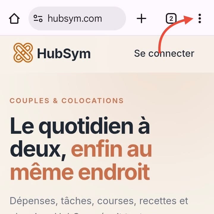 HubSym ouvert dans Chrome sur Android, le bouton de menu à trois points en haut à droite de la barre d'adresse