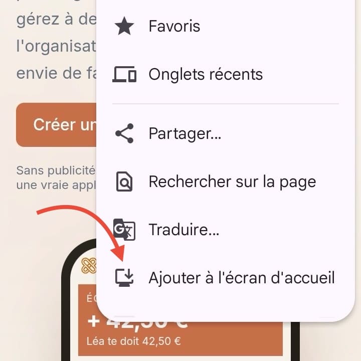 Menu de Chrome sur Android, avec l'option Ajouter à l'écran d'accueil en bas de la liste
