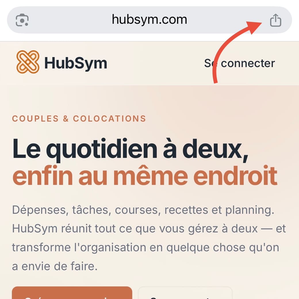 HubSym ouvert dans Chrome sur iPhone, l'icône de partage à droite de la barre d'adresse en haut de l'écran