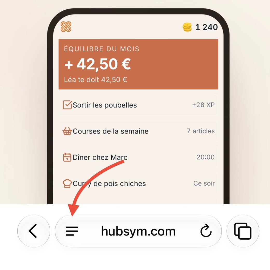 HubSym ouvert dans Safari sur iPhone, le bouton de menu à gauche de l'adresse hubsym.com dans la barre du bas
