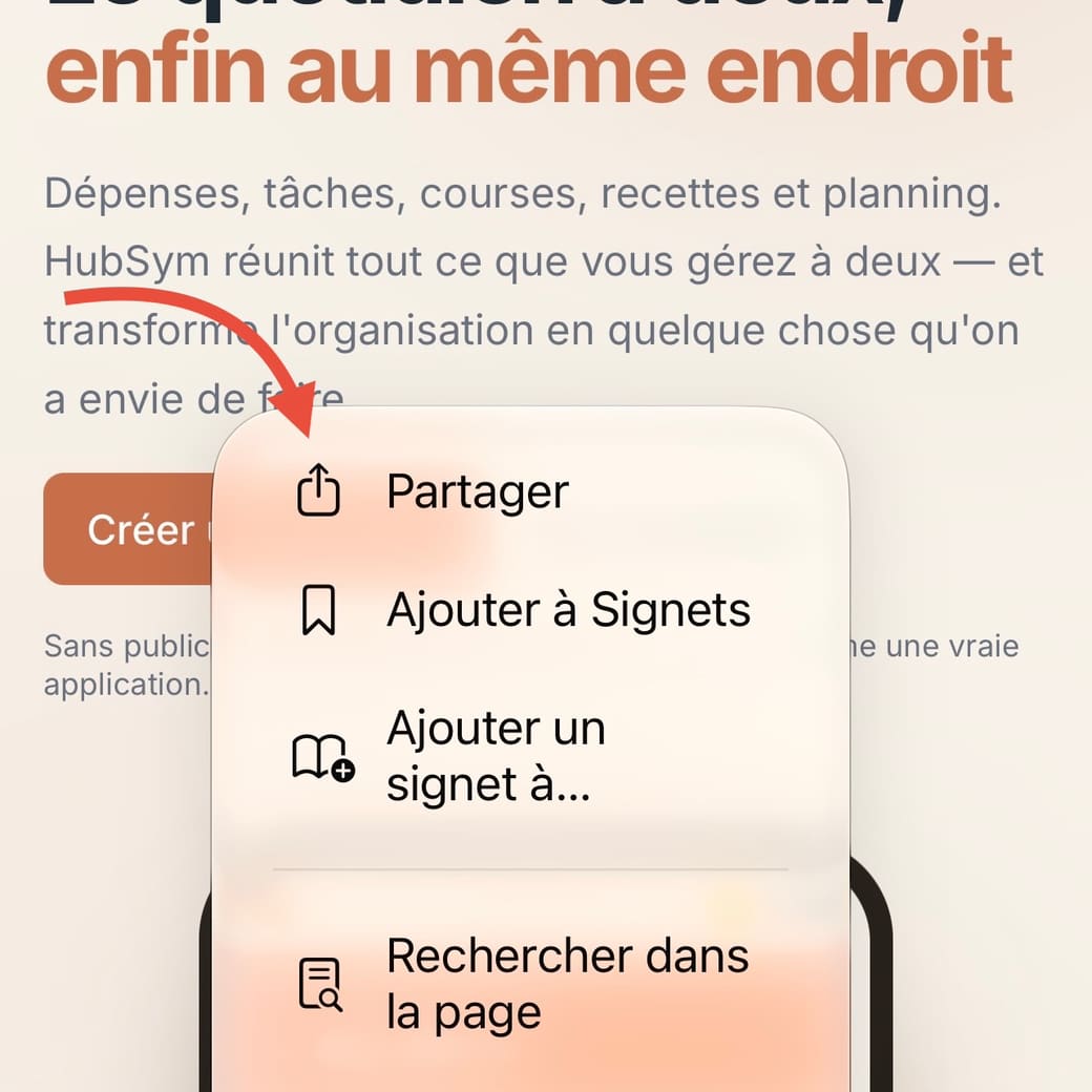 Menu de Safari ouvert sur iPhone, avec l'entrée Partager en haut de la liste