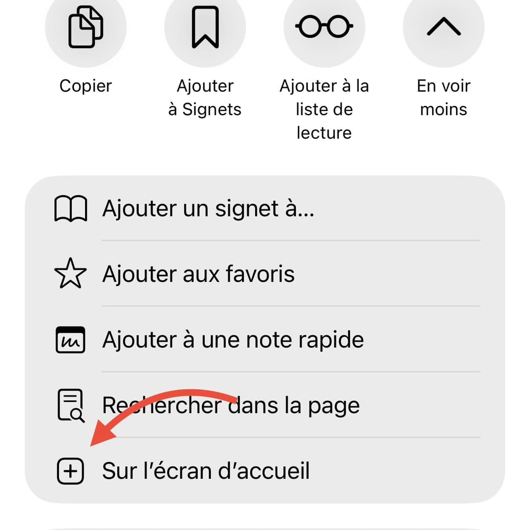 Liste complète des actions de partage iOS, avec l'option Sur l'écran d'accueil en bas
