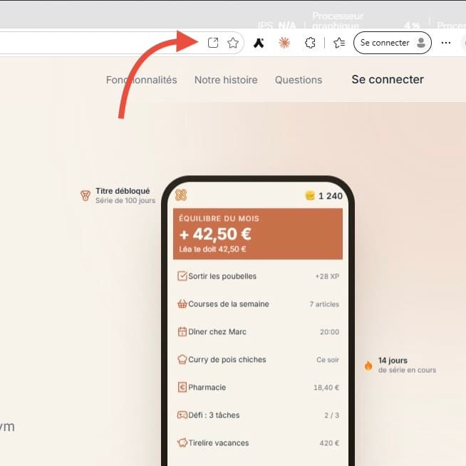 Barre d'adresse de Microsoft Edge sur Windows, avec l'icône d'installation de HubSym